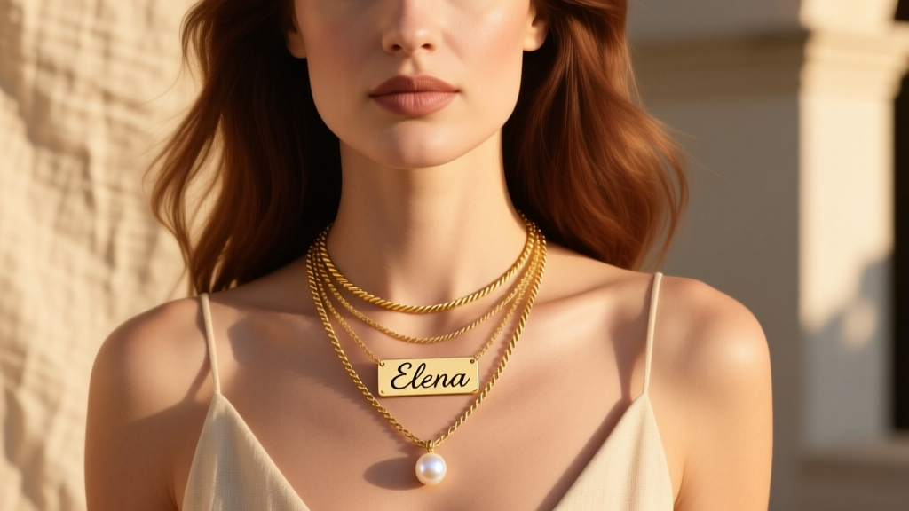Woman wearing a layered stack with a 14k gold nameplate, small pearl pendant, and delicate rope chain in warm natural sunlight.