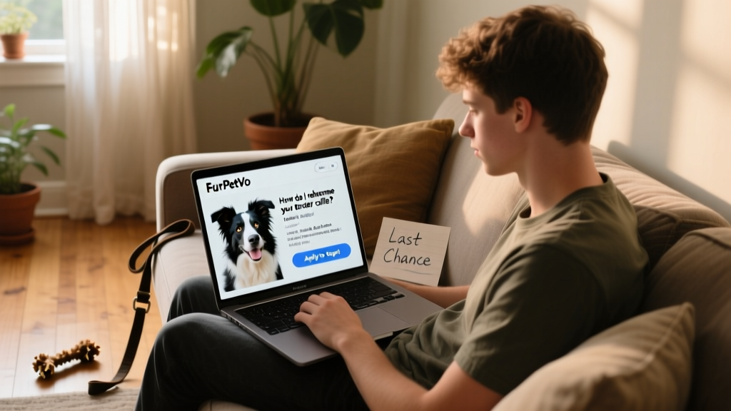 Laptop screen showing a FurPetVo profile page with photos, bio, and 'Apply to Adopt' button