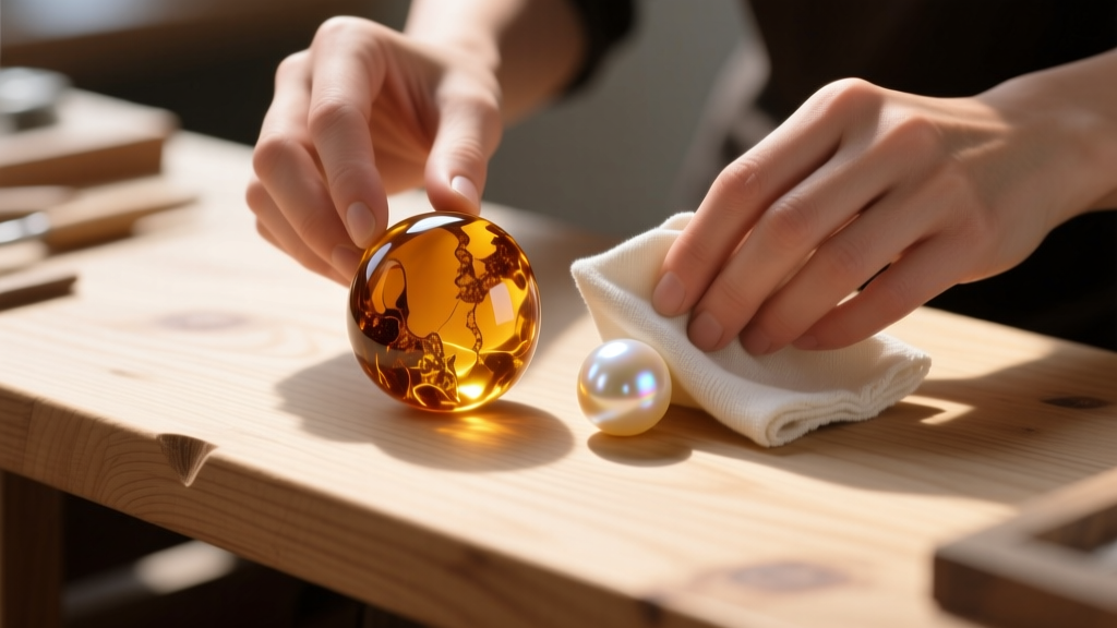 Jeweler wiping a large Baltic amber bead and an Akoya pearl with a dry microfiber cloth on a well-lit wooden workbench