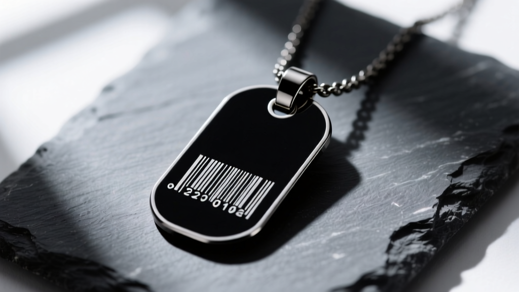 Close-up of a matte black anodized aluminum ear tag necklace pendant with laser-etched barcodes, resting on a dark slate surface