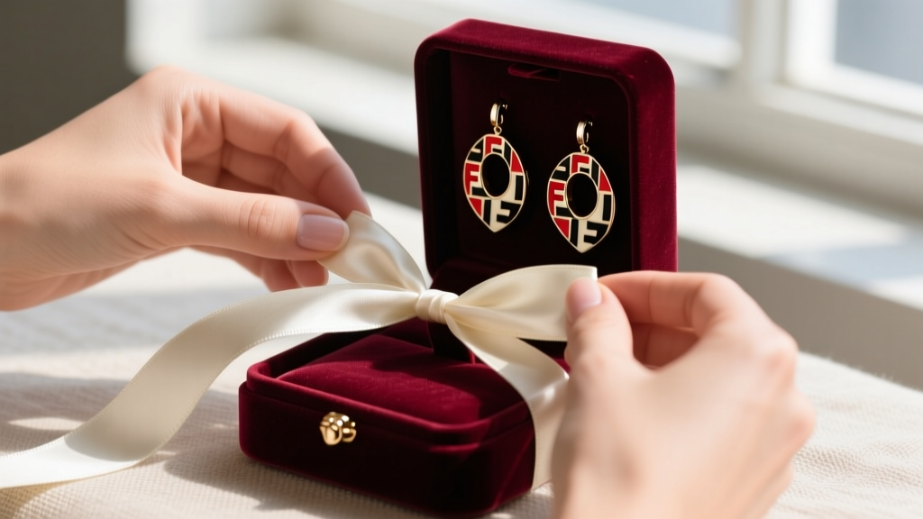 Close-up of hands wrapping a velvet jewelry box containing 1990s Fendi Zucca print hoop earrings with a satin ribbon