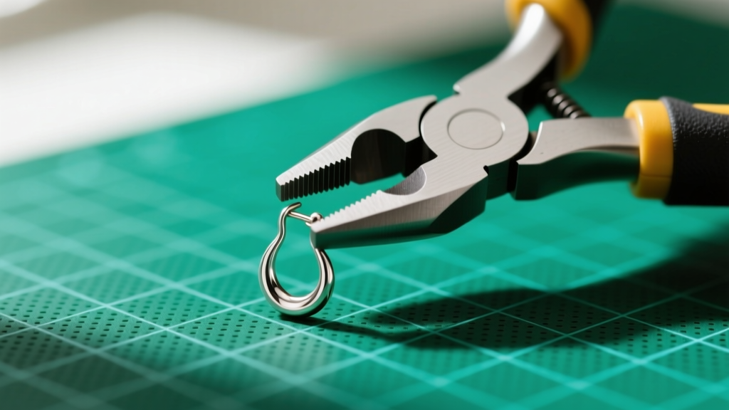 Close-up of nylon-jaw pliers gently straightening a bent 18-gauge sterling silver earring post on a green cutting mat.