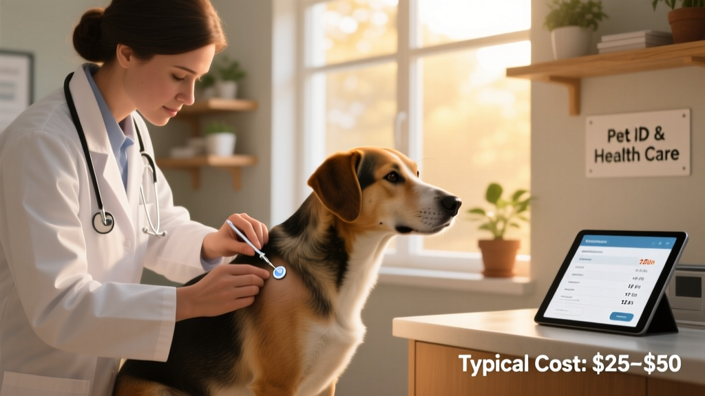 Veterinarian gently inserting a microchip under a dog's skin between the shoulder blades