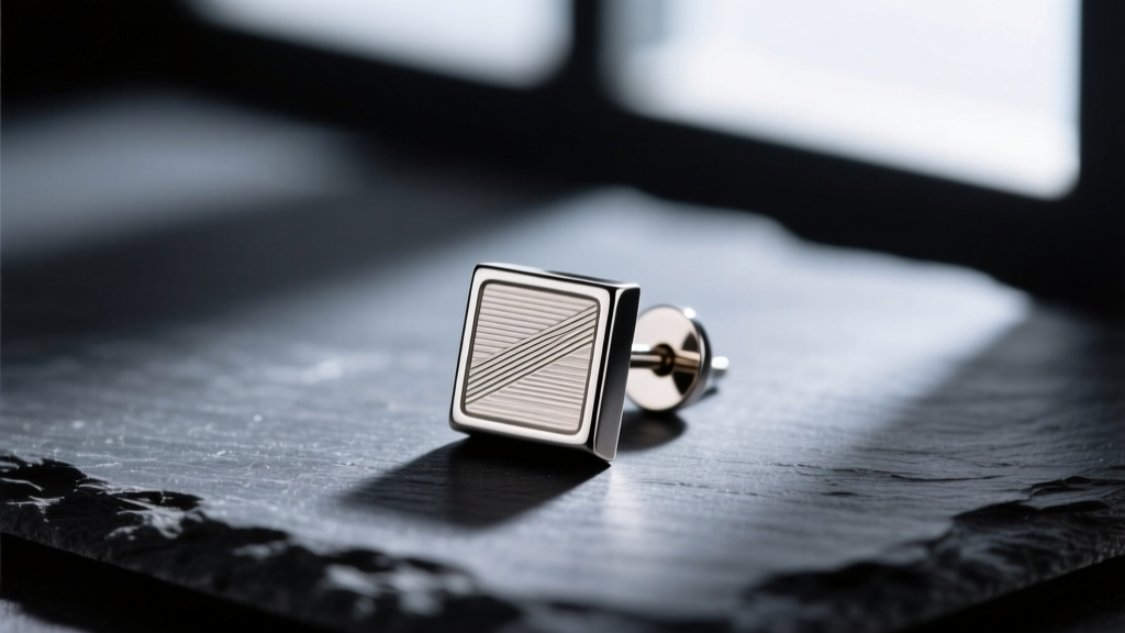 Macro photography of a 6mm brushed titanium square stud earring for men, resting on a dark slate surface with dramatic side lighting.