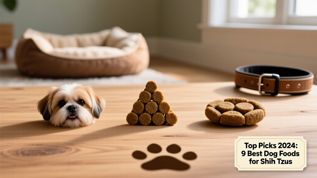Side-by-side comparison of three small-breed kibble types: round, triangular, and oval shapes sized for Shih Tzu mouths