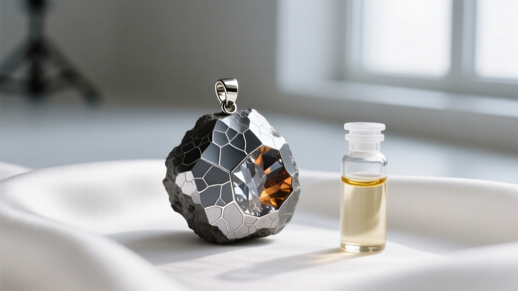 Polished iron meteorite pendant showing Widmanstätten patterns, resting on a cloth next to a small vial of mineral oil.