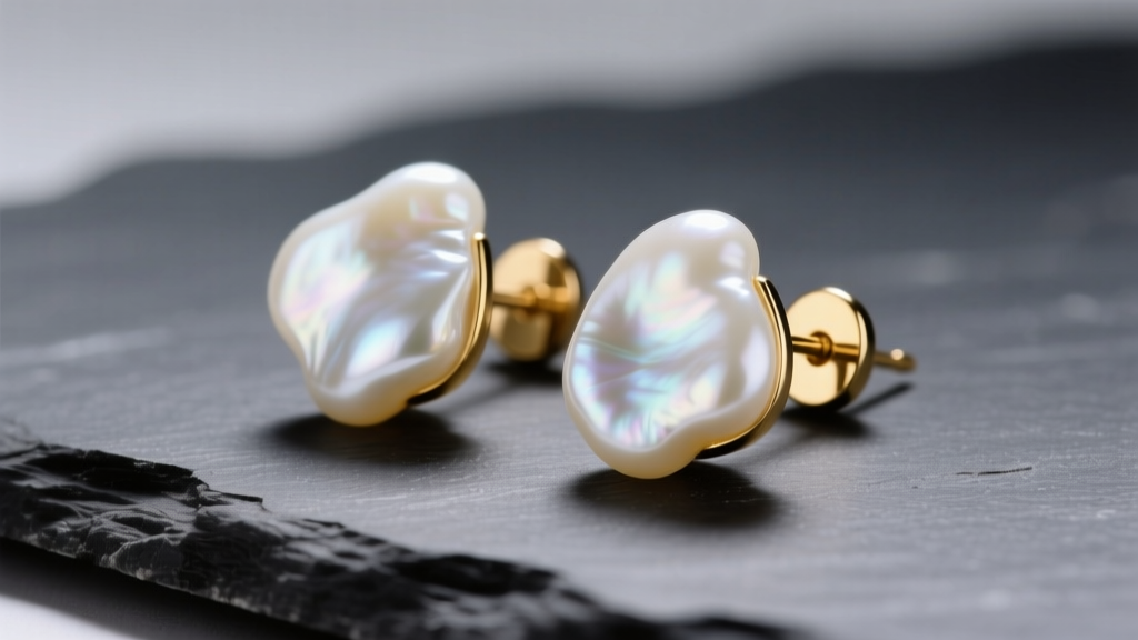 Close-up of irregular white keshi pearl earrings on 14k gold posts, resting on dark slate under soft, directional studio light.