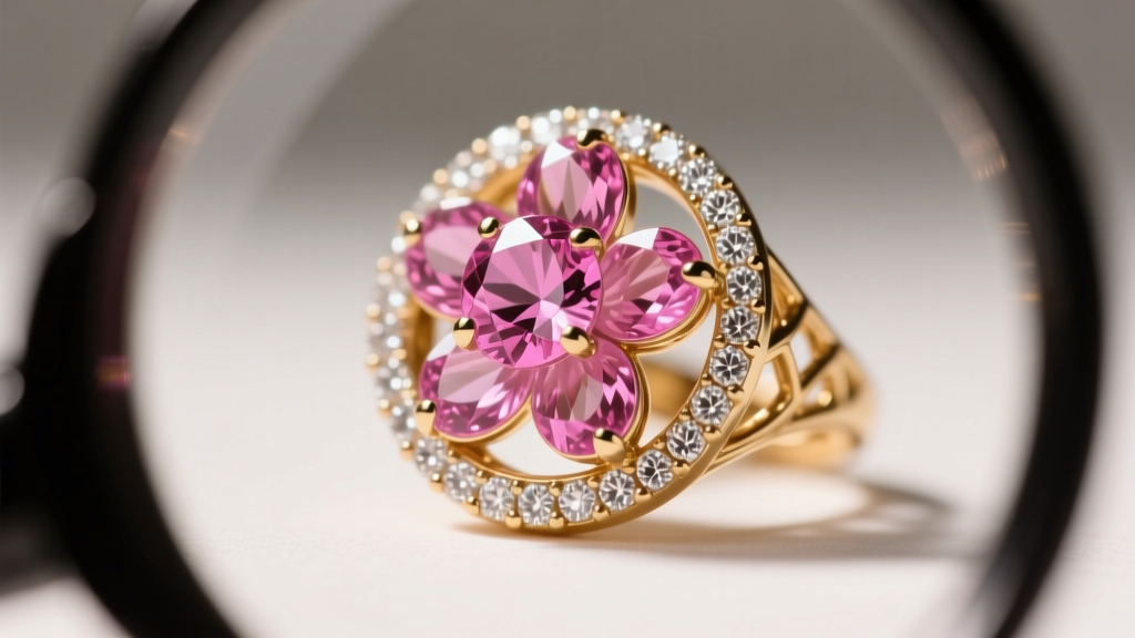 Loupe view of a prong-set pink sapphire flower earring highlighting the pavé diamond halo and solid 14k gold basket setting.
