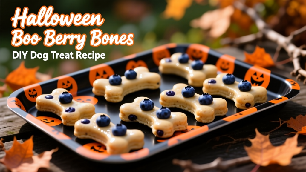 A close-up of vibrant blueberry-studded dog treats shaped like bones, arranged on a festive black-and-orange tray