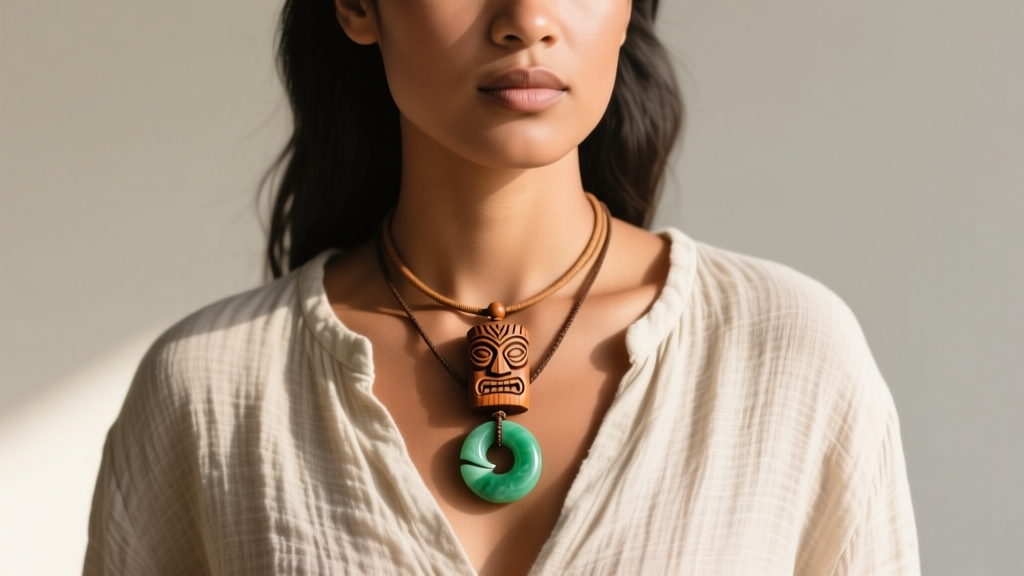 Person wearing a layered Polynesian necklace with a small wooden tiki and a larger pounamu koru pendant over a natural linen shirt