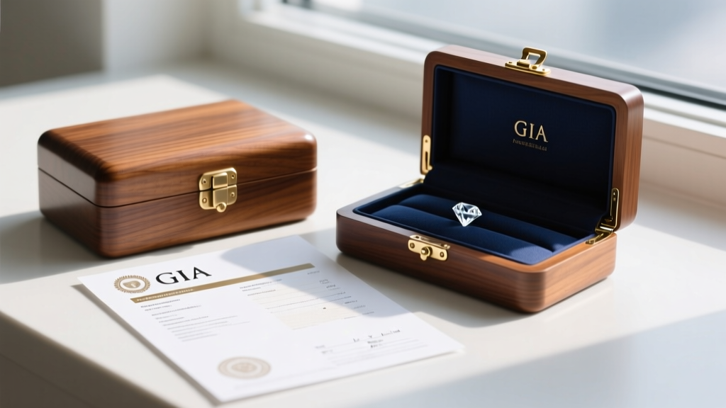 GIA diamond grading report resting beside a wooden jewelry box with anti-tarnish Pacific cloth lining and polished brass hinges.