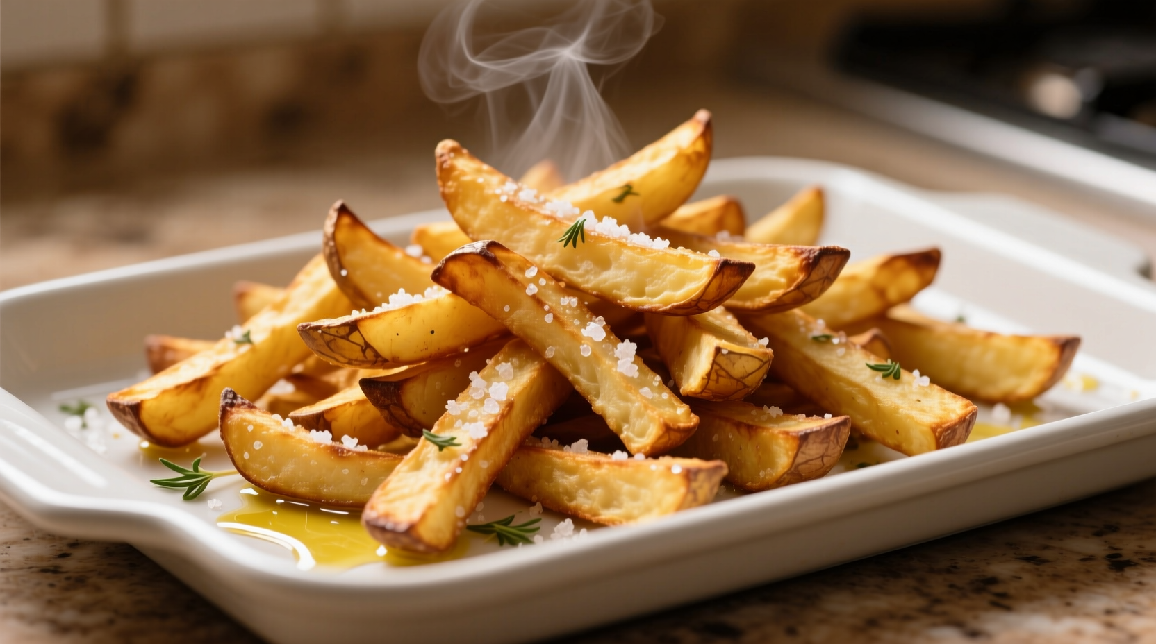 Golden brown oven baked potato fries on baking sheet