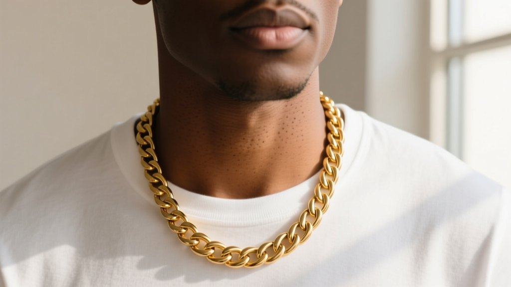 Man wearing a 4mm 14k gold Cuban link 20 inch necklace on man, resting on the collarbone over a white t-shirt in natural light