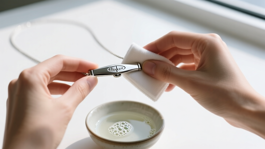 Hands using a microfiber cloth to clean a stainless steel Parker necklace clasp, with a small bowl of gentle jewelry soap nearby.