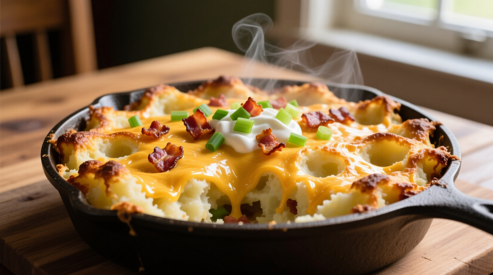 Loaded mashed potato casserole with golden crust