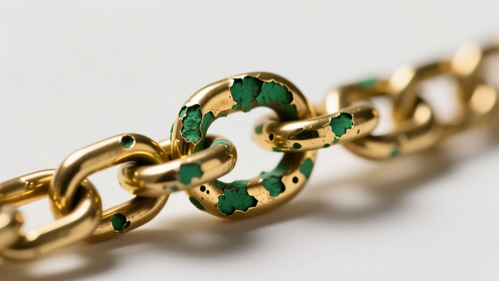 Extreme close-up of a cheap gold-plated brass necklace chain showing green corrosion and flaking PVD coating at the clasp joint