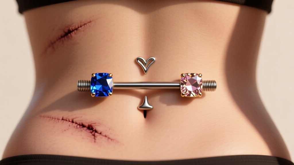 Healed lower back Venus surface piercing featuring a 12-gauge implant-grade titanium surface barbell with threaded gem ends