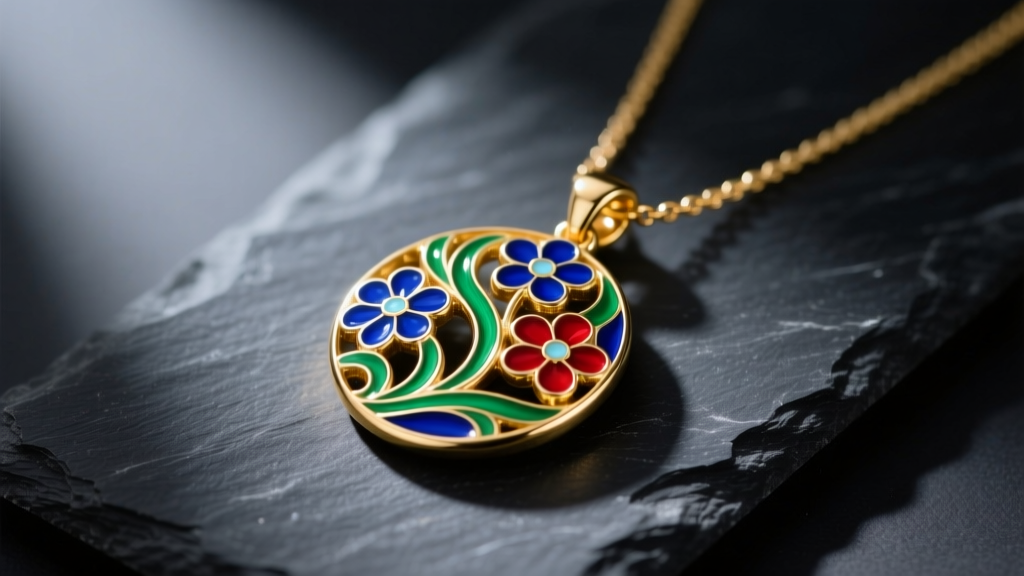 Vibrant vintage gold-plated enamel pendant necklace on dark slate, lit by soft studio lighting to reveal intricate color details.