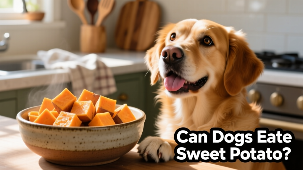 A bowl of plain, cooked sweet potato cubes next to a happy dog