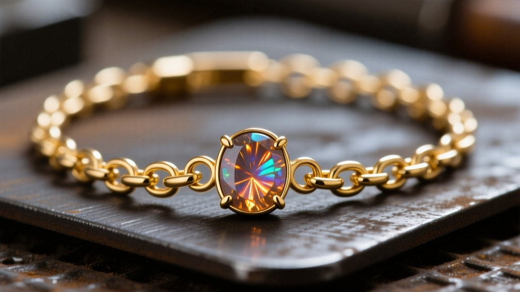 Close-up of a 14k gold permanent bracelet chain with a sparkling copper-included Oregon sunstone charm on a dark welder mat.