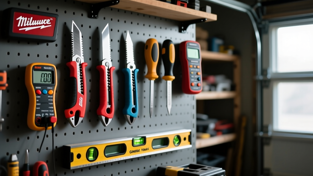 Organized pegboard in a dimly lit garage workshop displaying Milwaukee Fastback utility knives, Klein multimeters, and General Tools digital levels