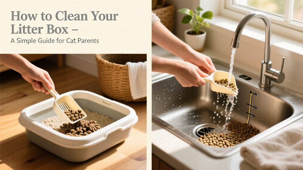 Step-by-step illustration showing scooping, washing, and refilling a litter box