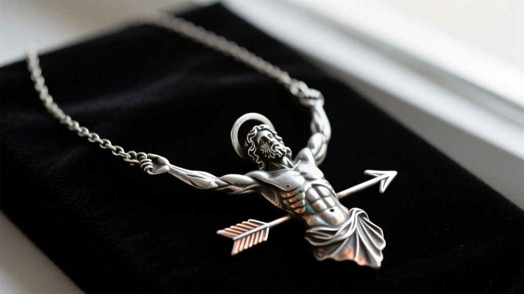 Close-up of a tarnished sterling silver Saint Sebastian necklace on dark velvet, highlighting intricate arrow and muscle details.