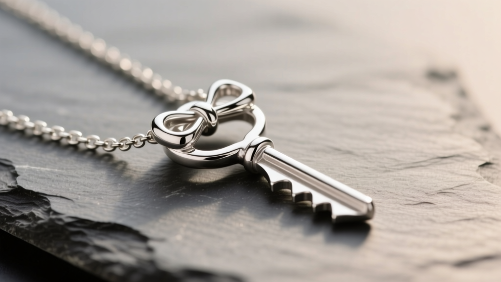 Close-up of a 925 sterling silver key necklace on slate, showing the intricate bow and bit teeth under soft, warm studio lighting