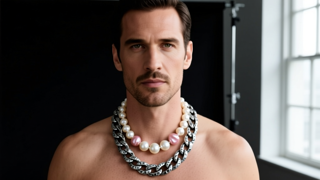 Editorial shot of a man wearing a layered 5mm oxidized silver chain and a baroque pearl necklace against a dark studio backdrop