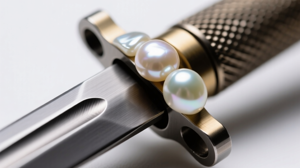 Macro shot of a titanium bayonet clasp connecting irregular keshi pearls, highlighting machined grooves and a matte finish.