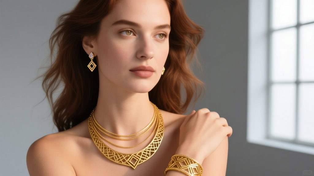 Close-up of a woman wearing a layered 14k solid gold women's medallion necklace with a matte finish against a dark silk blouse.
