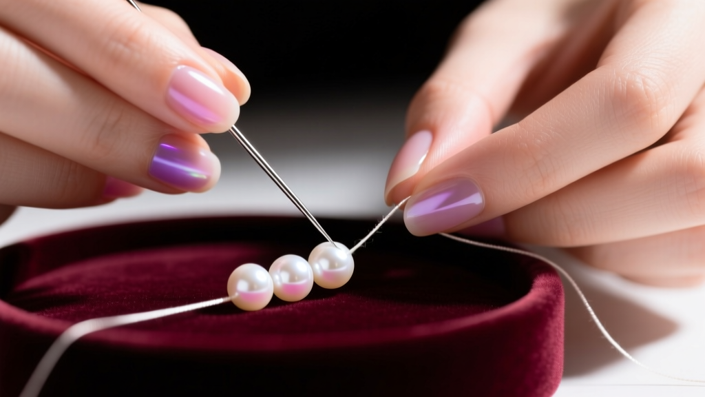 Hands stringing cream Akoya pearls on silk thread with a silver needle, resting on a dark velvet jeweler's mat in warm lighting.
