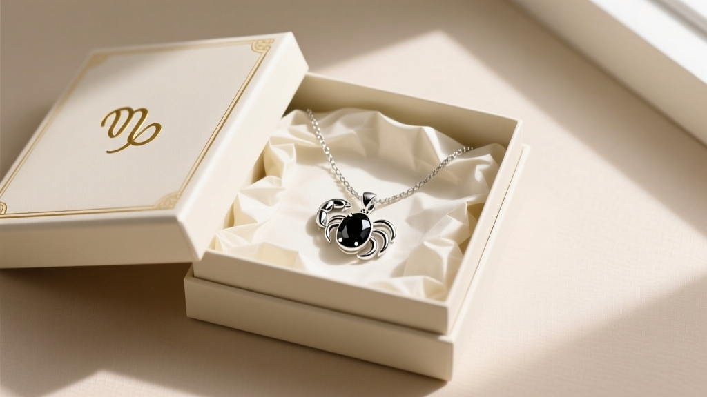 Flat lay gift box displaying a sterling silver Scorpio horoscope sign necklace with a small bezel-set black onyx gemstone accent.