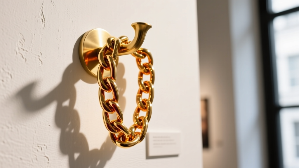 Brushed brass wall hook holding a thick gold Cuban chain, lit by warm gallery lighting against a smooth white plaster wall.