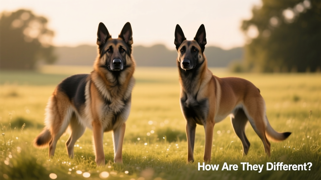 Side-by-side comparison of a Dutch Shepherd and a Belgian Malinois standing alert on grass, highlighting their similar lean builds and focused expressions
