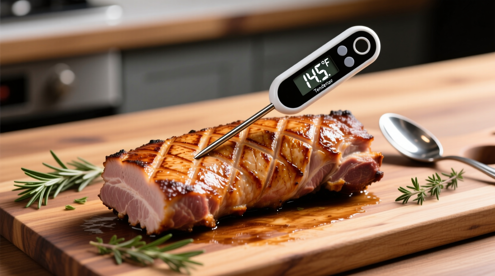 Perfectly cooked pork tenderloin with thermometer reading