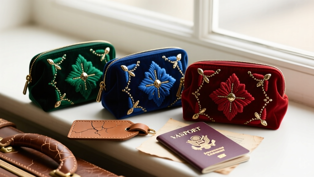 Three embroidered Anthropologie travel jewelry pouches in jewel tones resting on a leather luggage tag beside a vintage passport