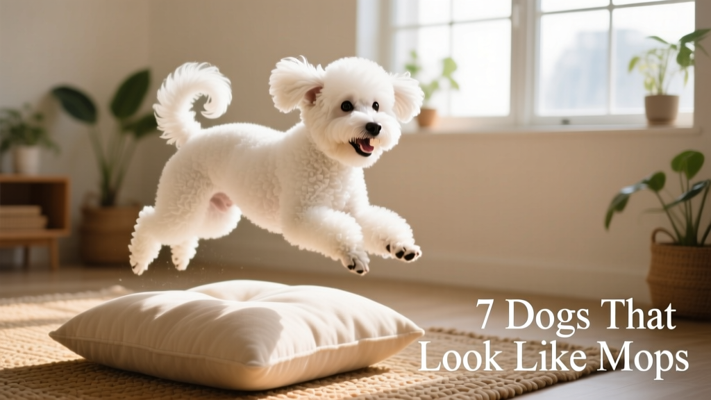 A Bichon Frise mid-play, tail curled, fur bouncing as it leaps gently onto a cushion