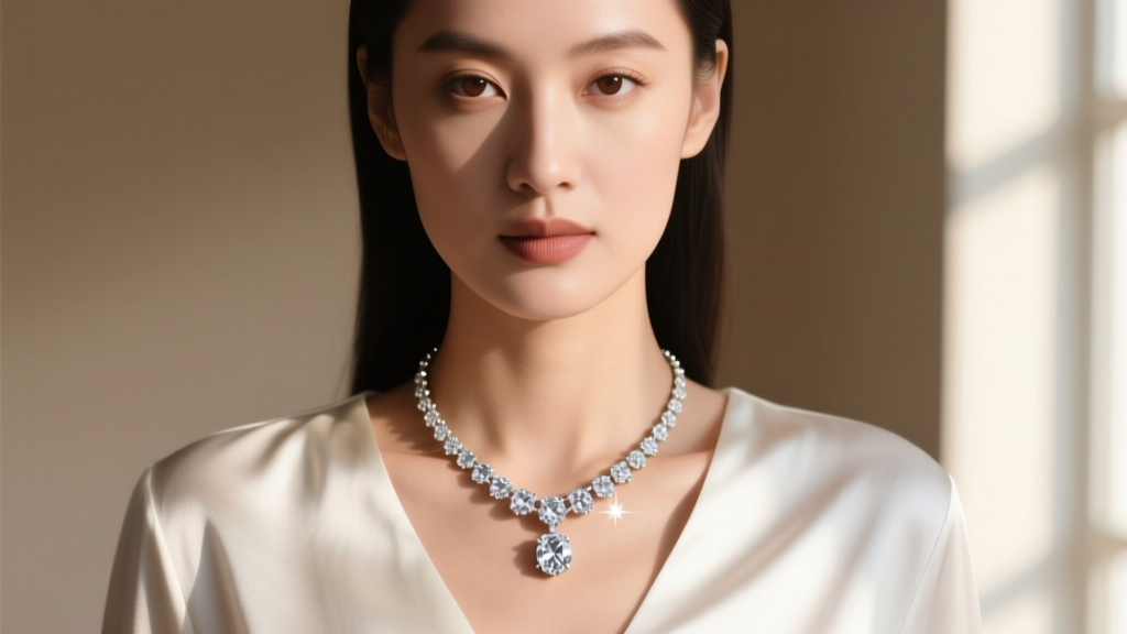 Profile of a woman wearing an 18-inch diamond pendant resting on her collarbone over a white silk blouse in soft natural light