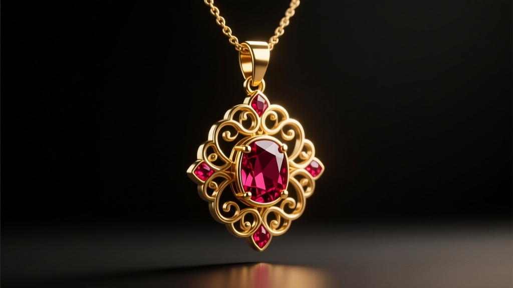 Custom 18k gold and lab-created ruby pendant inspired by the Zenyte necklace OSRS sprite, worn under dramatic studio lighting