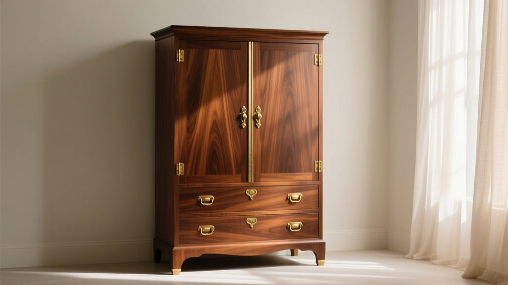 Vintage Powell jewelry armoire in walnut finish, placed in a sunlit room with original brass hardware and soft natural lighting