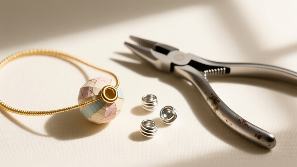 Overhead view of beading wire threaded through a brass eyelet inside a paper bead, next to silver crimp beads and jewelry pliers