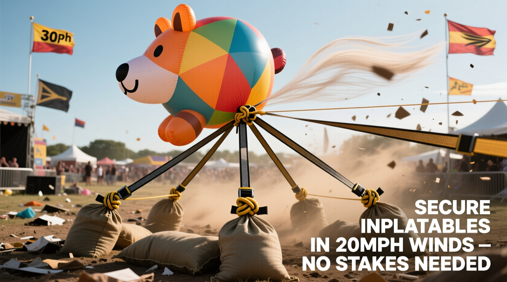 how to secure lightweight inflatable decorations in 30mph gusts without stakes