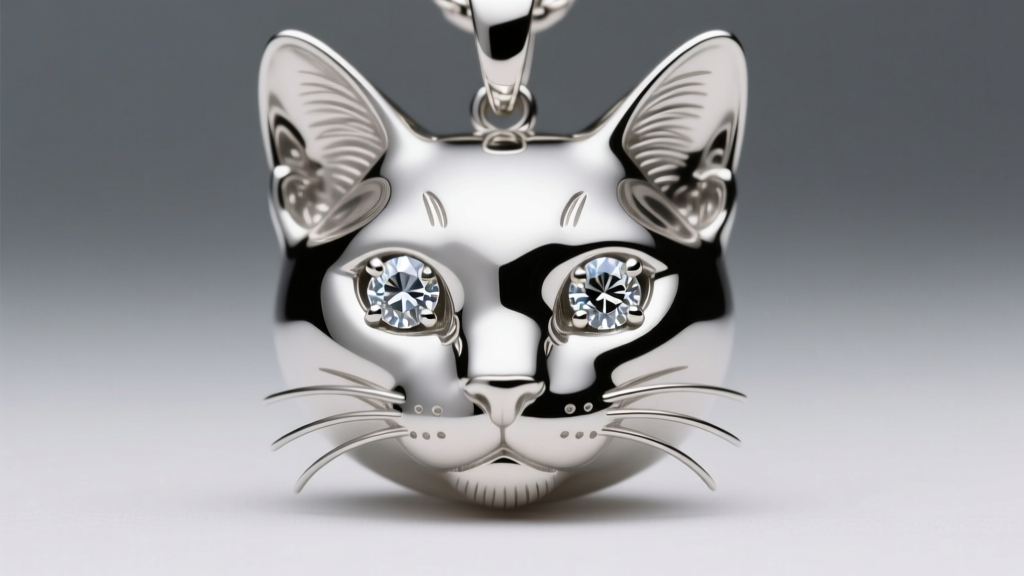 Close-up of platinum cat pendant face with two bezel-set round brilliant melee diamonds for eyes under focused studio lighting.