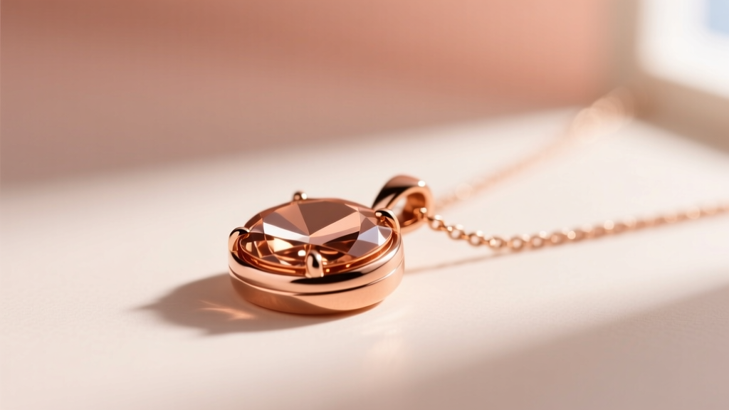 Close-up of a 14k rose gold pendant showing the distinct warm copper hue against a blurred skin-toned background