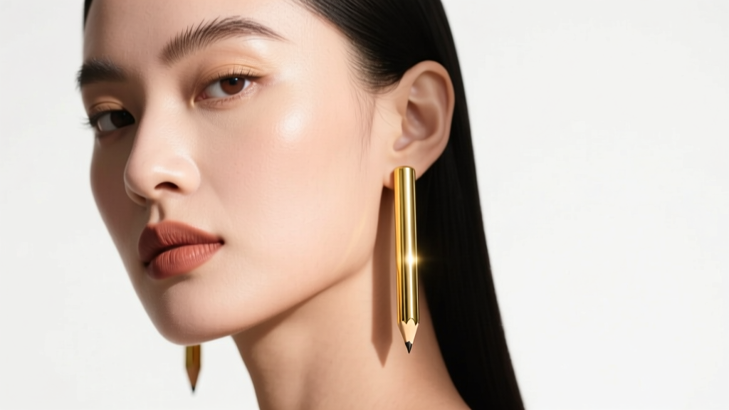 Model wearing sleek 14k yellow gold cylindrical pencil drop earrings, studio lighting highlighting the polished metal surface.