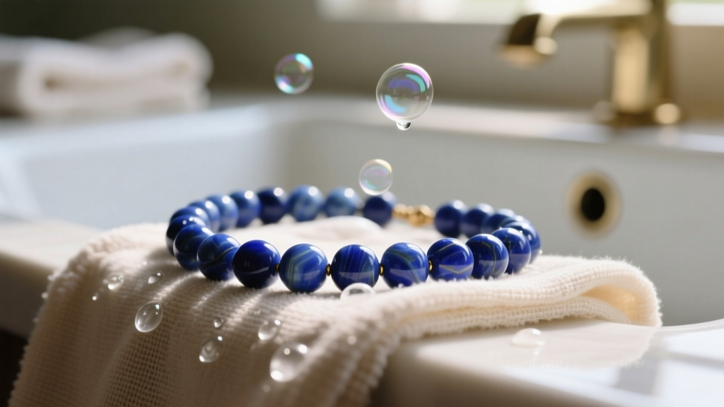 Microfiber cloth gently wiping a vintage lapis lazuli bead necklace, with mild soap and lukewarm water in a blurred background.
