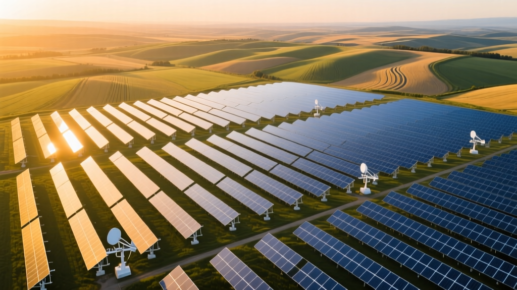 Aerial view of a massive utility-scale solar farm with bifacial panels on single-axis trackers installed on graded rural terrain at sunrise
