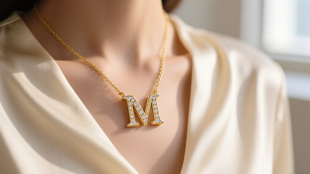 Close-up of a delicate 14k solid gold initial necklace resting on a cream silk blouse, showcasing a diamond-accented serif letter M with soft natural window lighting and shallow depth of field
