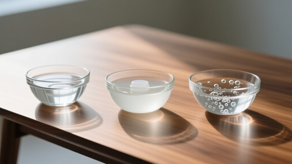 Wooden desk with three glass bowls holding rubbing alcohol, mild soap, and peroxide for safe earring disinfection steps.